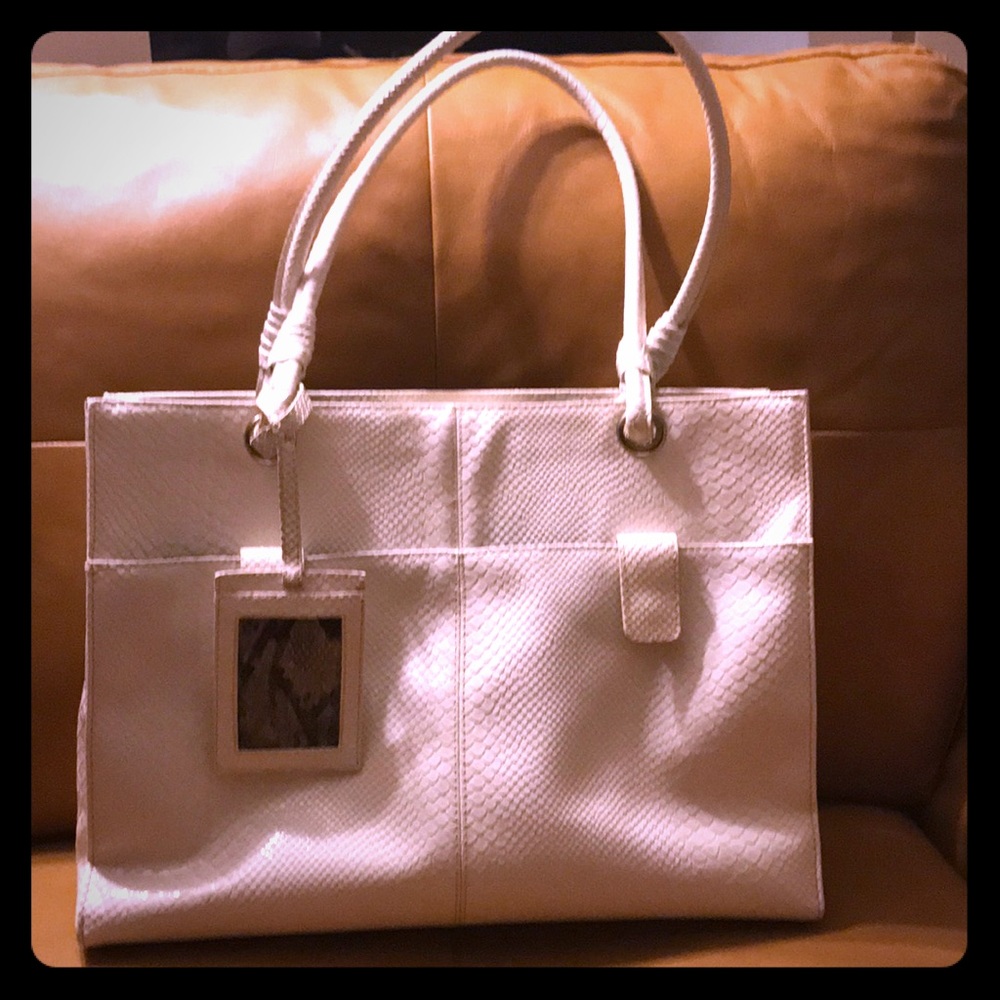White snakeskin vegan material work tote